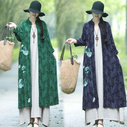 Spring new national wind womens cotton and linen slim long trench coat Outwear Vintage Womens long-sleeved cardigan Trench