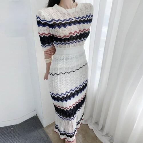 2021 New Spring Summer Hollow Out Thin Knitted 2 Piece Set Women Short Sleeve O-neck Tops+ High Waist Slim Bodycon Long Skirts