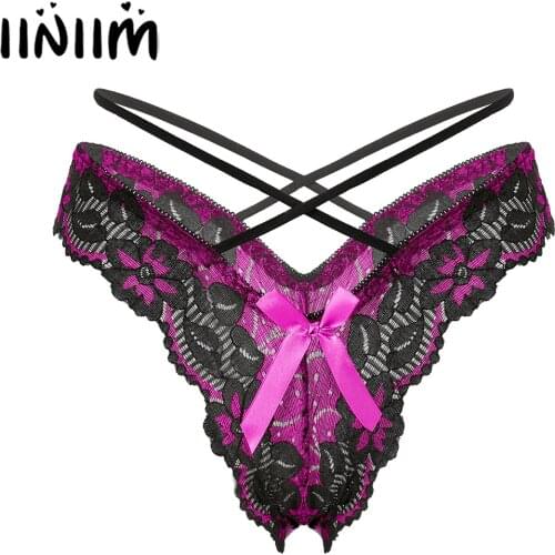Womens Bowknot Sissy Lingerie Panties Hollow Out Floral Lace Briefs Low Waist String Homme Thongs Sexy Underwear Underpants
