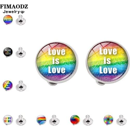 FIMAODZ Gay Pride Clip on Earrings for Women Couple Lesbian Lgbt Rainbow Love Glass Round Earring Same Sex Jewelry Gift