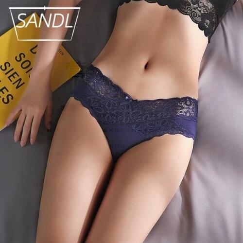SANDL Womens Panties Sexy Lace Underwear Panty Mid-Waist Hollow Out Briefs Female Translucent Mesh Underpants Lingerie S-XL