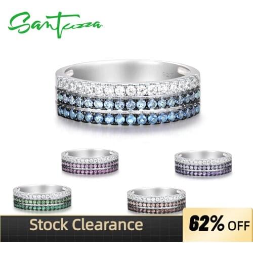 SANTUZZA 925 Sterling Silver Rings For Women Pink Blue Green Gradient Multicolor Gemstones Finger Stackable Ring Fine Jewelry
