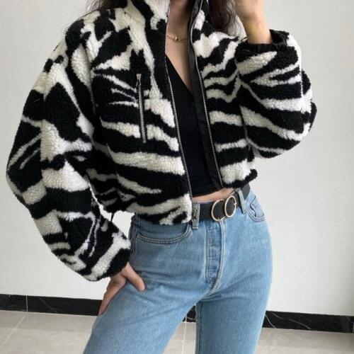 Winter Zipper Long Sleeve Plush Coat Fleece Warm Cropped Jacket Vintage Stand Collar Zebra Short Lamb Wool Jacket Streetwear