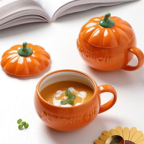 2pcs Pumpkin Cups Ceramic Cup Halloween Cup With Spoon Kitchen Drinkware without spoon (Orange)