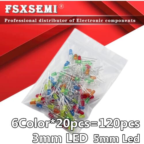 6color X20pcs=120pcs 3mm 5mm F5 F3 LED Light Assorted Kit DIY LEDs Set White Yellow Red Green Blue Orange