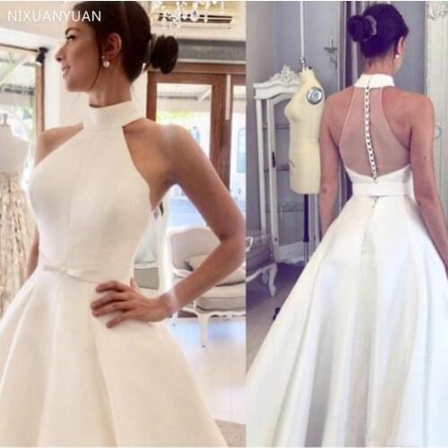 Halter Neckline Satin A Line 2021 Wedding Dresses Backless Covered Button Pleats Sweep Train Plus Size Bridal Gowns Wedding Gown