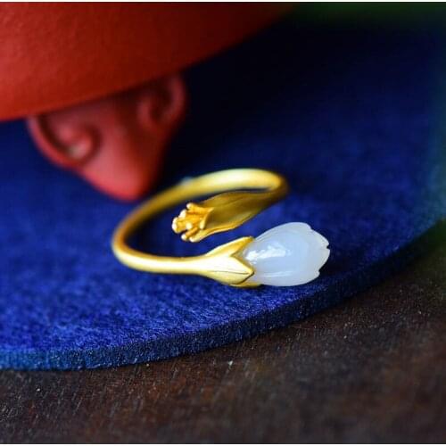Natural Hetian White Jade Flower Ring Womens Natural S925 Sterling Silver Open Chinese Retro Chinese Style Ring