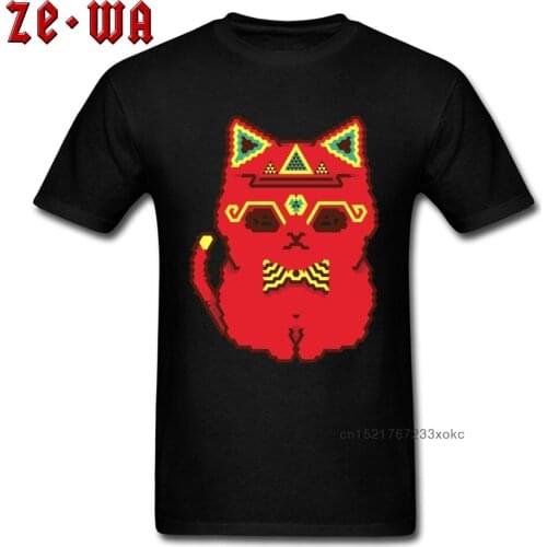 Hipster Cat Tees Mens Funny T Shirt 2018 Discount 100% Cotton Top T-shirts Men Summer Short Sleeve Clothes Cartoon Red Black