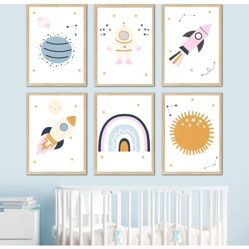 Astronaut Rocket Sun Planet Rainbow Cartoon Wall Art Canvas Painting Nordic Posters And Prints Wall Pictures Children Room Decor