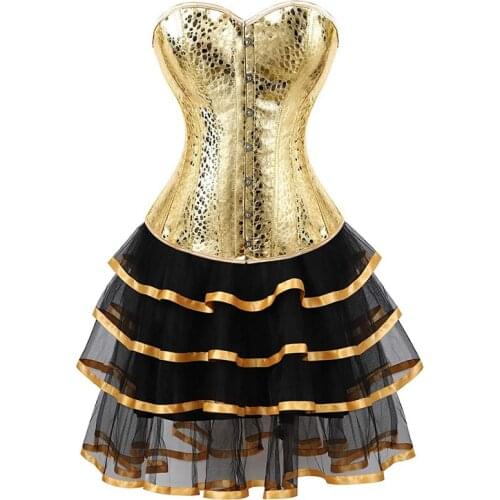 Leather corset bustiers skirts dresses tutu burlesque plus size sexy corselet overbust costume cosplay gothic gold with bling