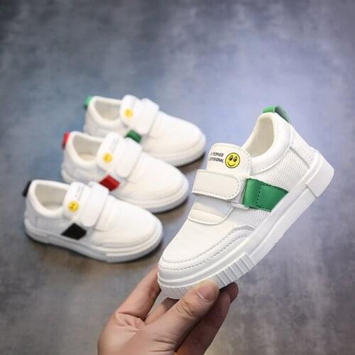 Spring Child White Shoes PU Leather+Mesh Smile Print Children Sneakers Slip-on Boys Girls Sports Shoes Breathable Casual Zapato