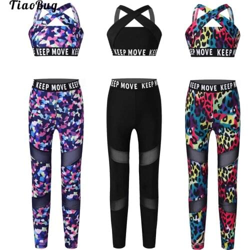 Summer 2Pcs Kids Girls Sport Suit Wide Shoulder Straps Cross At Rear Letters Printed Workout Gym Yoga Sports Crop Top Pants Sets