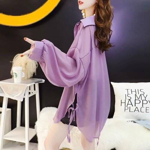 HOUZHOU Summer Chiffon Transparent Blouse Puff Long Sleeve Oversize Office White Purple Button Up Shirt Korean Fashion Cardigan