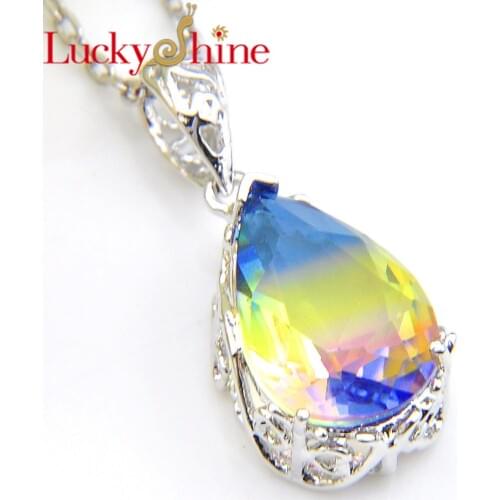 Luckyshine Fashion Gradient Bi Colored Tourmaline Rainbow Crystal Zirconia Silver Engagement Gift Women Pendant Necklace NEW