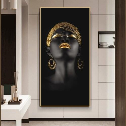 African Woman Home Wall Decor Art Canvas Painting Posters And Prints Black Woman Gold Jewelry Prints Picture for Room Decorative