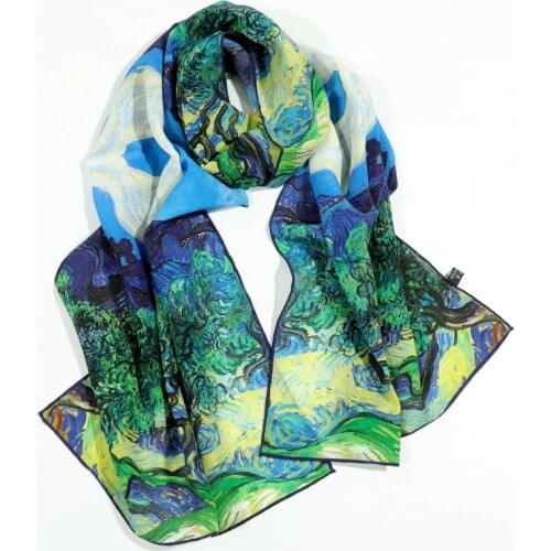 New Women Silk Scarf Hijab Scarf Oil Painitng Hair Scarfs Long Handkerchief muffler Foulard Van Goghs Works