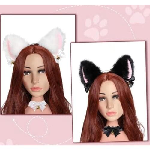 Faux Fur Kitten Ears Headband with Choker Necklace Set Sweet Bowknot Bell Lolita Hair Hoop Anime Maid Cosplay Costume