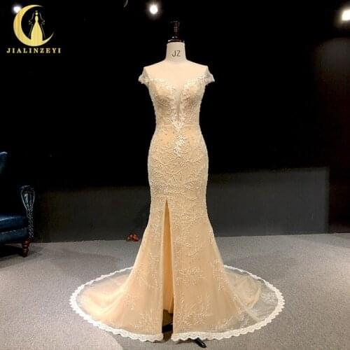 Rhine real Pictures V Neck Champagne Beads Cap Sleeves Sexy Mermaid robe de soirée de mariage abendkleider evening dresses