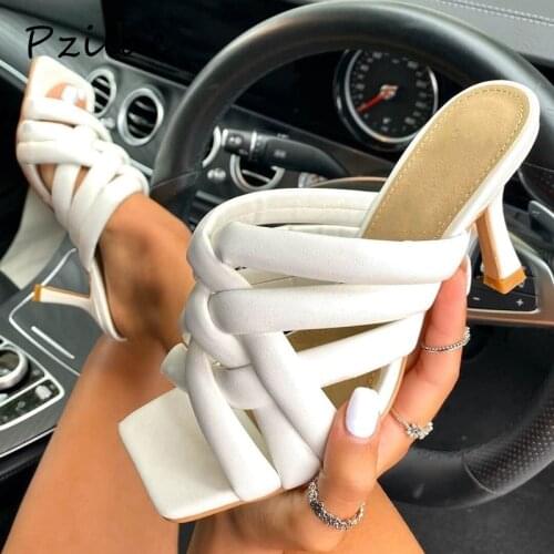 Pzilae New sexy mules shoes women slippers summer high heels square toe hollow out slides ladies shoes 2021 white black size 40