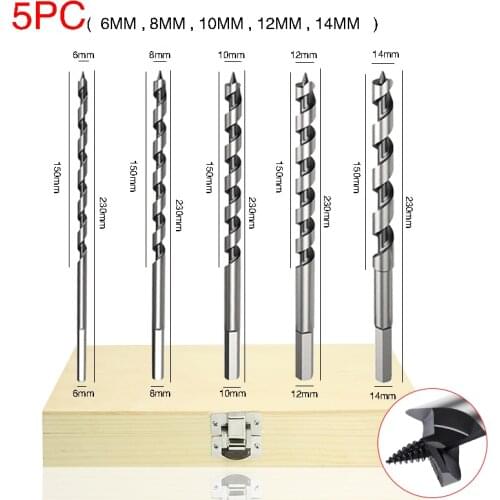 Hex Shank 5pcs Carpenters Auger 230mm Auger Drill Bit Woodwork Hole Saw Spiral Wood Drilling for Woodworking Furniture Cutter