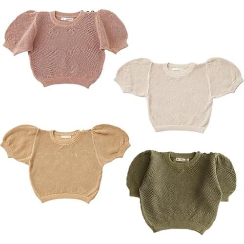 In Stock Ins2021SP Girls Short Sleeve Sweater Top Baby Summer Hollow Puff Sleeve Sweater