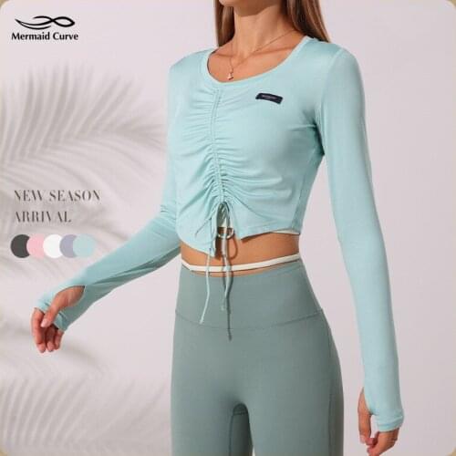 Mermaid Curve Yoga Long Sleeve T-Shirt Womens Fall/Winter 2021 Drawstring Fitness Clothing Outer Wear Top Perfect Tee