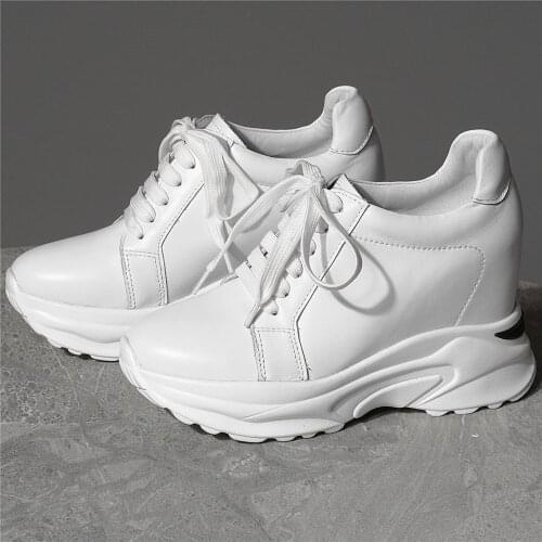 10cm Lace Up High Heel Creepers Women Genuine Leather Hidden Wedges Ankle Boots Female Round Toe Fashion Sneakers Casual Shoes