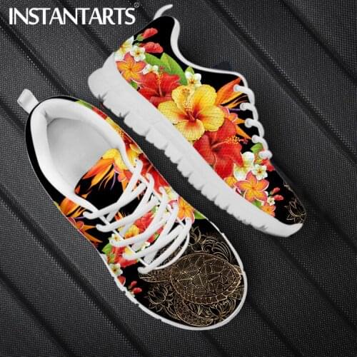INSTANTARTS Hawaii Polynesian Hibiscus Turtle Print Women Casual Sneakers Lace up Flat Shoes Outdoor Light Zapatillas feminina