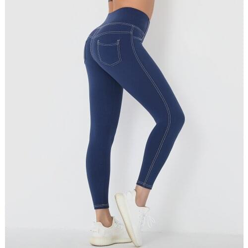 Imitating Denim High Waist Womens Yoga Pants with Pockets Fit Dry Leggings for Fitness Women Gym Sport Tights Workout Clothing