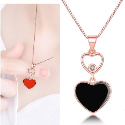 Cute Heart Black Pendant Necklace For Women Jewelry Top Quality 925 Sterling Silver Girls Clavicle Bijou Chain On Neck Female