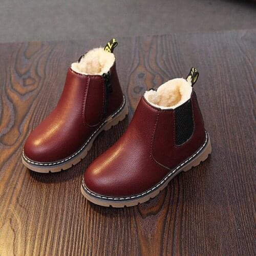 Winter New Fashion Childrens Snow Boots Round Toe Rubber Kids Martin Boots Fur Leather Kids Winter Flat Boots