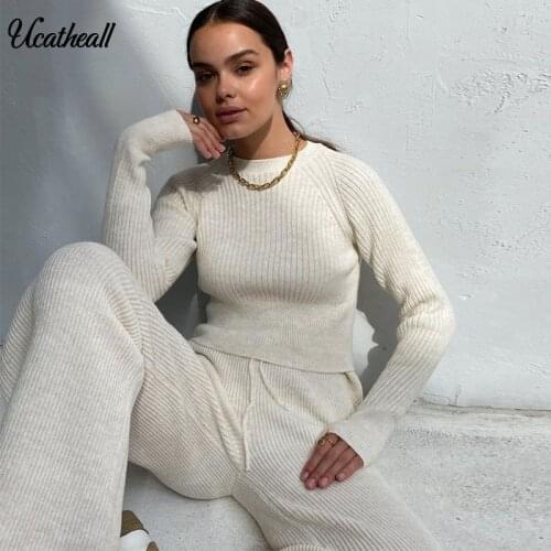 Winter Knitted Sweater Set Women Two Piece Suits Long Sleeve Pullover+Wide Leg Pants Suit Elegant 2 Piece Sweater Pants Set