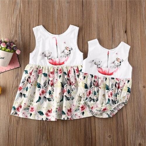 2020 Summer Newborn Baby Girl Easter Clothes Cute Sister Matching Clothes Set Bunny Sleeveless Rompers/Dress Outfits 3M-6Y