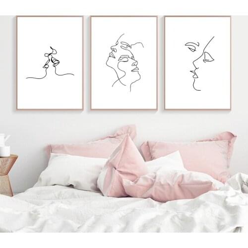 Abstract Feminine Figures Line Drawing Nordic Posters and Prints Modern Canvas Painting Woman Kissing Wall Picture Bedroom Decor