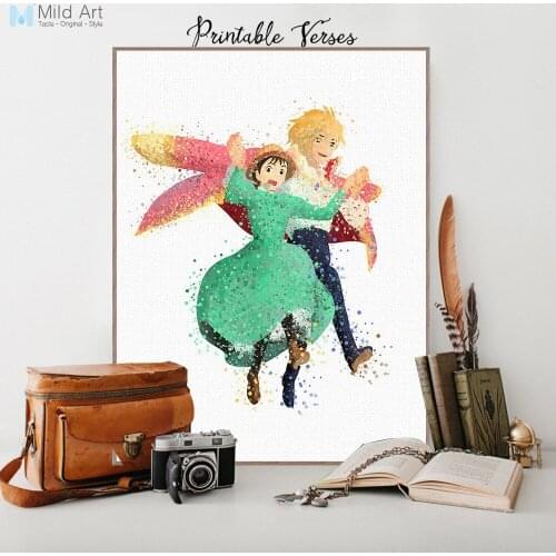 Watercolor Modern Anime Miyazaki Howls Moving Castle Canvas A4 Art Print Poster Wall Pictures Kids Room Decor Painting Custom