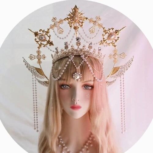 Gothic Lolita Gold Halo Angel Wings Sun Godmothers Virgin Mary Goddess Headpiece Bead Chain Bride Hair Accessories