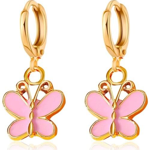 Exquisite Pink White Butterfly Pendant Earrings Charming Gold Metal Ear Clip Earrings Elegant Wedding Party Jewelry
