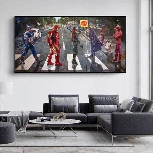 Marvel Avengers Superhero Crossing The Road Canvas Painting Iron Man Poster and Print Wall Art Picture for Kid Living Room Decor