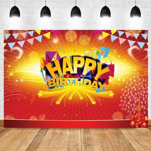 Laeacco Red Ribbons Happy Birthday Party Backdrop For Photography Blooming Fireworks Customized Poster Pattern Photo Background