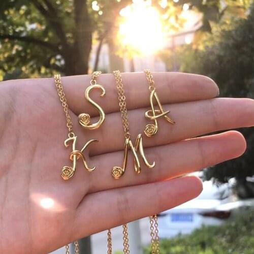 Rose Flower A-Z Initial Necklace For Women Flower Letter Necklace Gold Chain Stainless Steel Necklaces Gold Chain Christmas Gift