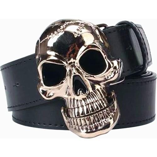 Punk belt Big skull head belt silver plating skeleton skull faced mens leather belt cool punk style skull head buckle