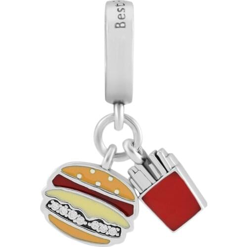 DIY Beads Burger and Fries Hanging Charm Sterling Silver Jewelry Making Fits Original 925 Silver Charms Bracelets For Woman