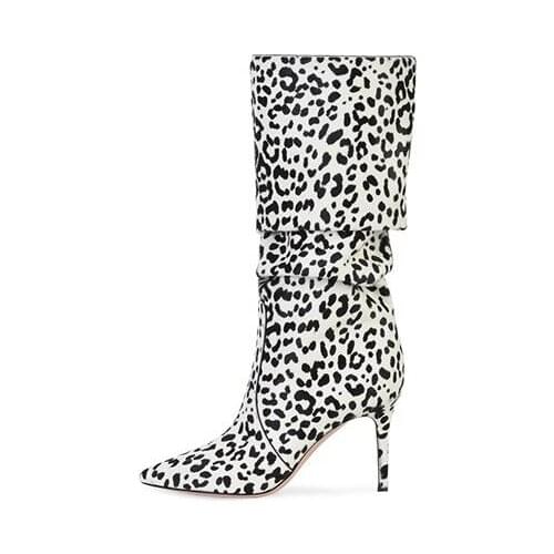 Drop Shipping Brand Women Fashion Animal Prints Brown White Pink Leopard Thin Heels Pointed Toe Knee High Long Fold Boots