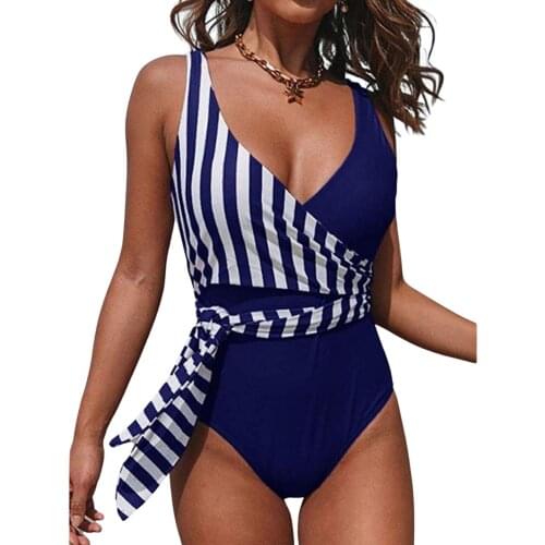 S-XL Female Striped One-Piece Swimwear V-Neck Sleeveless Bathing Suit Summer Swimsuit Beachwear Red Black Blue