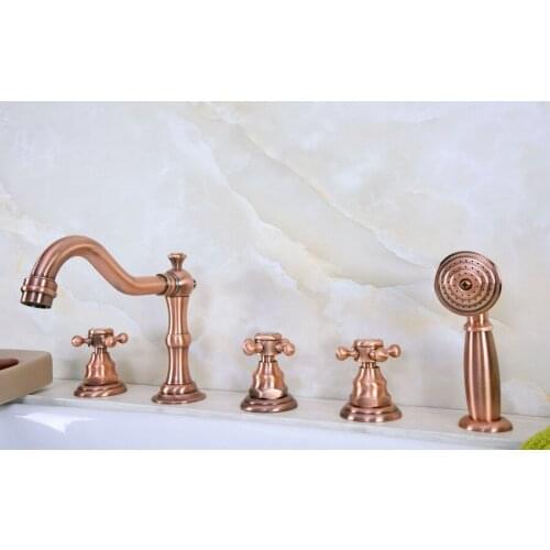 Antique Red Copper Brass Deck 5 Holes Bathtub Mixer Faucet Handheld Shower Widespread Bathroom Faucet Set Basin Water Tap atf222