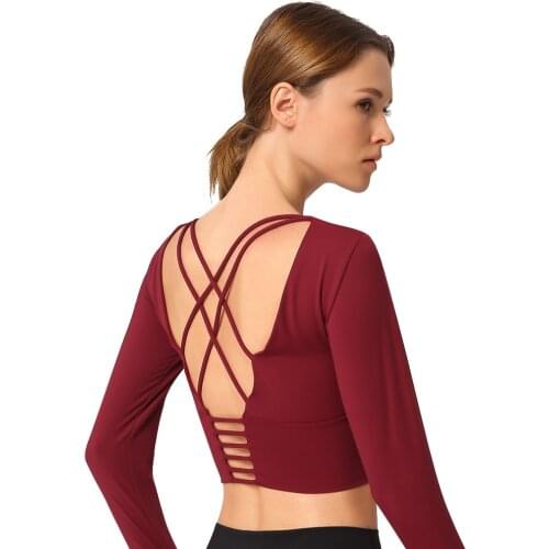 Sport Clothes For Women Sportswear Fitness Yoga Clothing Nylon Cross Straps Long Sleeve T-Shirts Padded Workout Gym Clothes