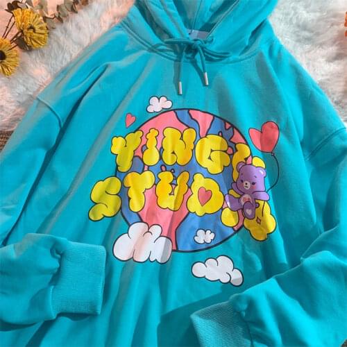 Vintage Bear Cartoon Letter Printed Hoodie Women Sweatshirts Hip Hop Kawaii Teens Clothes 2021 Autumn New American Casual Tops