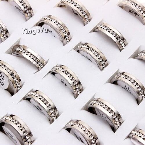 Yingwu 5pcs Crystal Rhinestone Stainless Steel Rings Silver Wedding Engagement Ring Wholesale Jewelry Lots