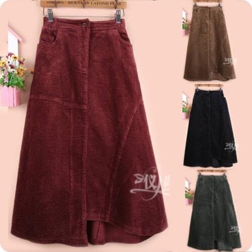 Free Shipping 2018 New Fashion Long Mid-calf A-line Skirt For Women Elastic Waist Winter Corduroy Vintage Irregural Skirts