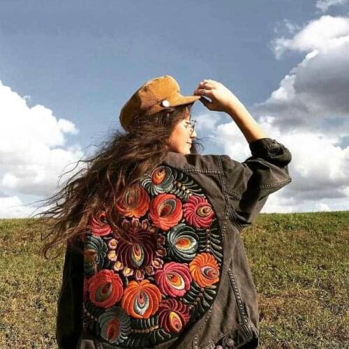 Female Denim Jacket Oversized Floral Embroidered Vintage Long Sleeve Korean Casual Coat Women Clothes Harajuku